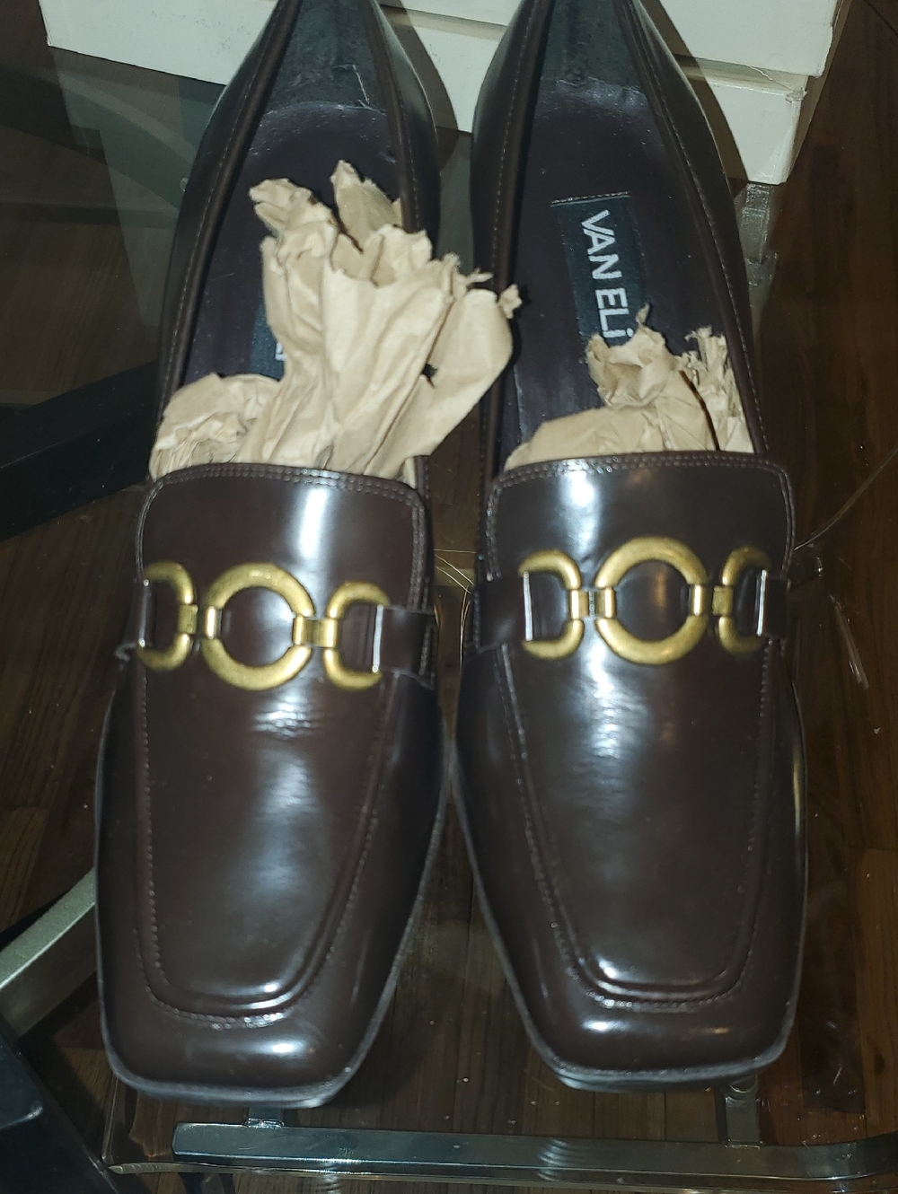 Van Eli-Women's Dark Brown Leather Loafers with Gold Horsebit Detail- Size 11.5